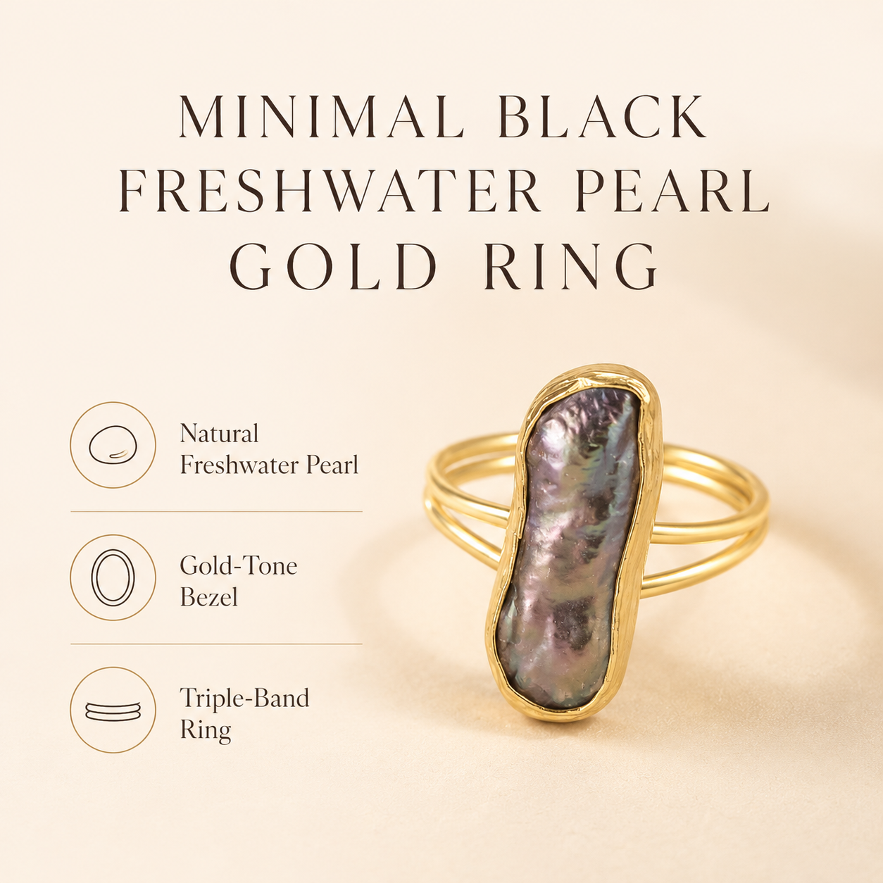 Black Pearl Minimal Ring in Gold(Freshwater Pearl)