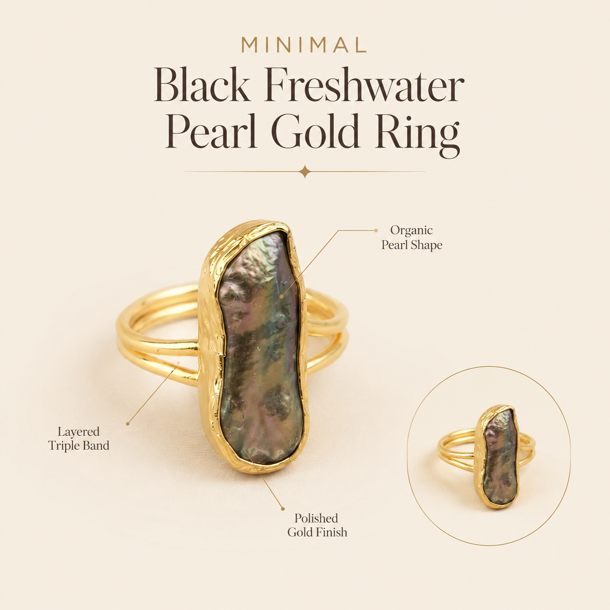 Black Pearl Minimal Ring in Gold(Freshwater Pearl)