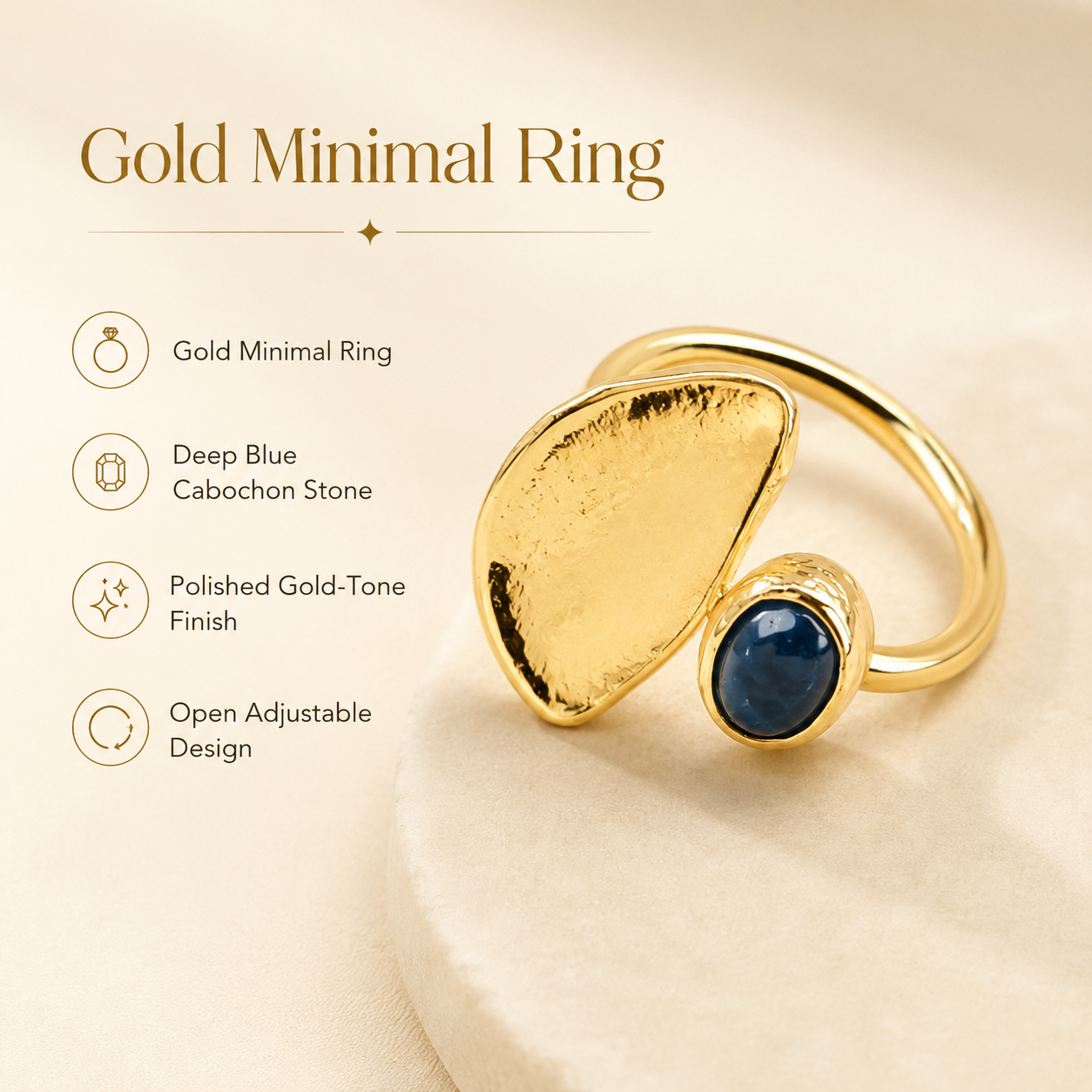 Blue Cabochon Gold Plated Adjustable Ring