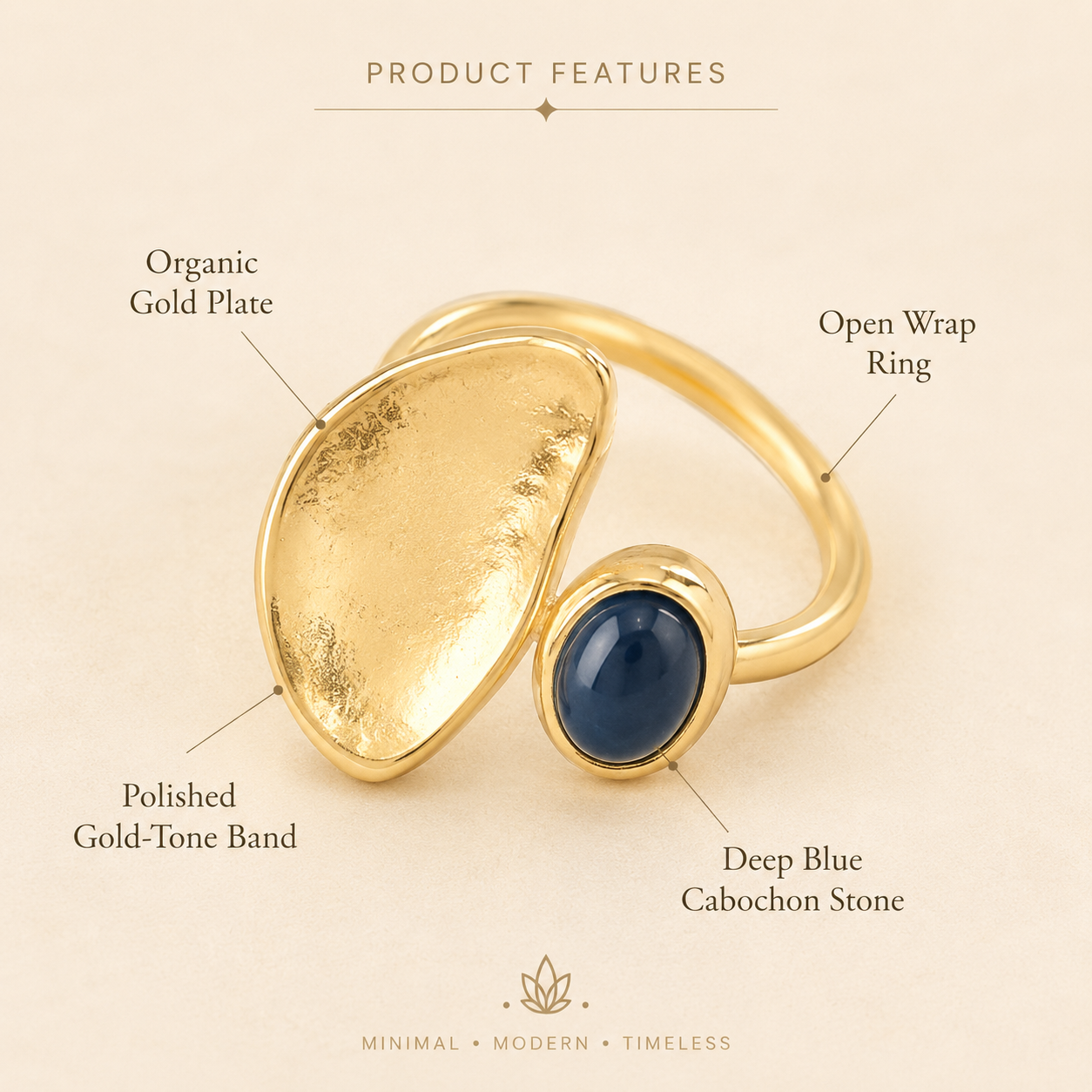 Blue Cabochon Gold Plated Adjustable Ring