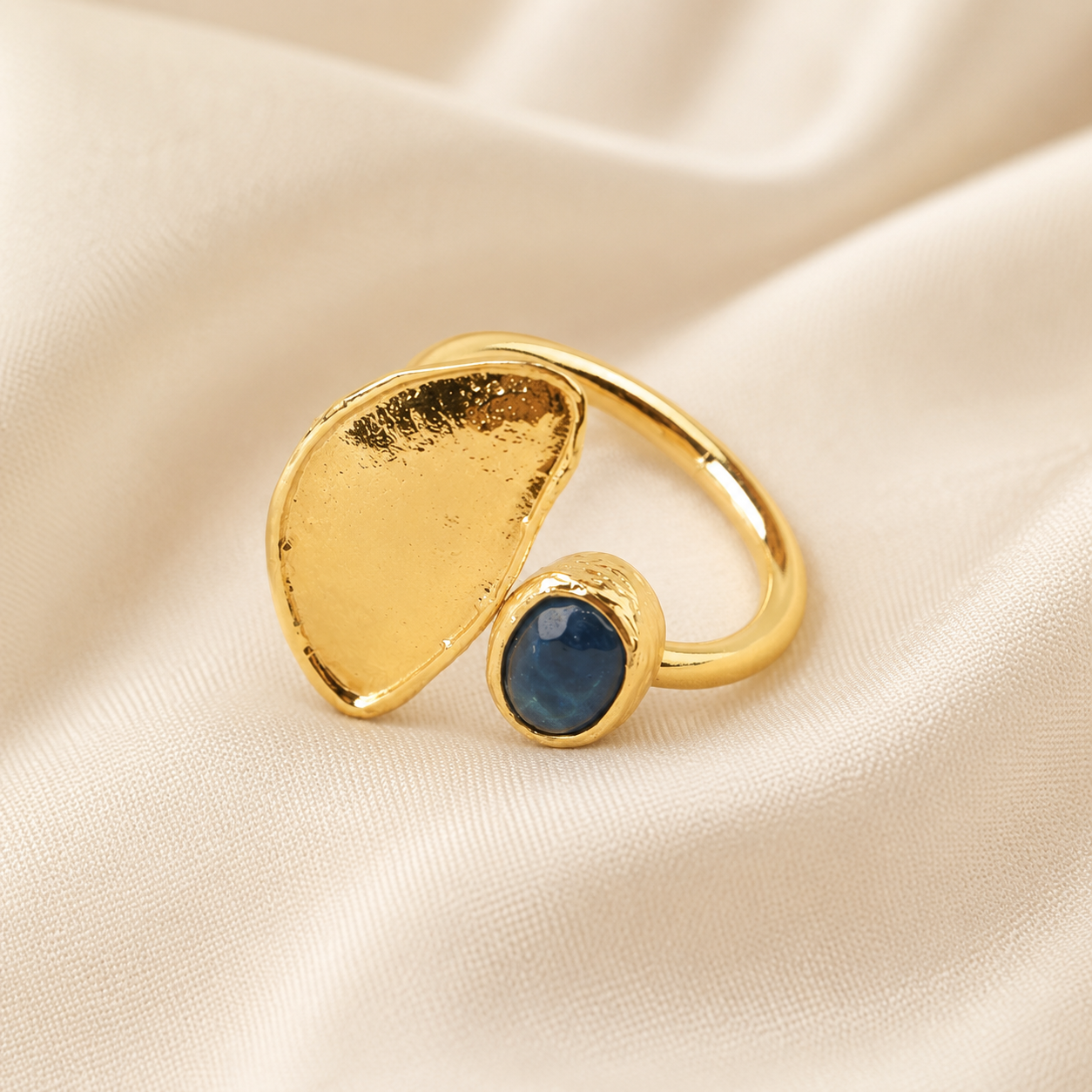 Blue Cabochon Gold Plated Adjustable Ring