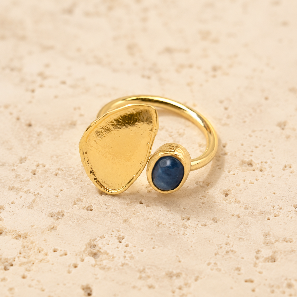 Blue Cabochon Gold Plated Adjustable Ring