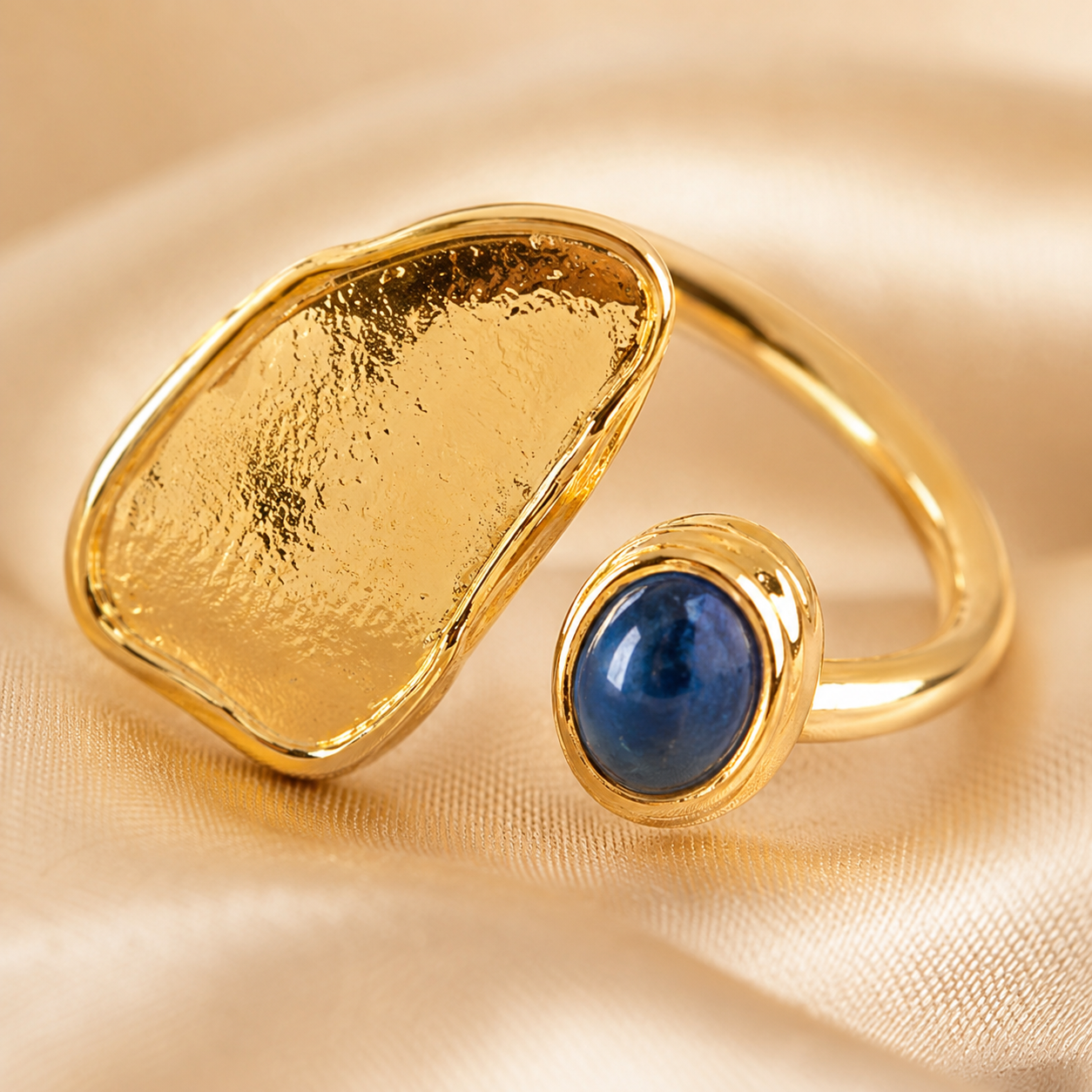 Blue Cabochon Gold Plated Adjustable Ring