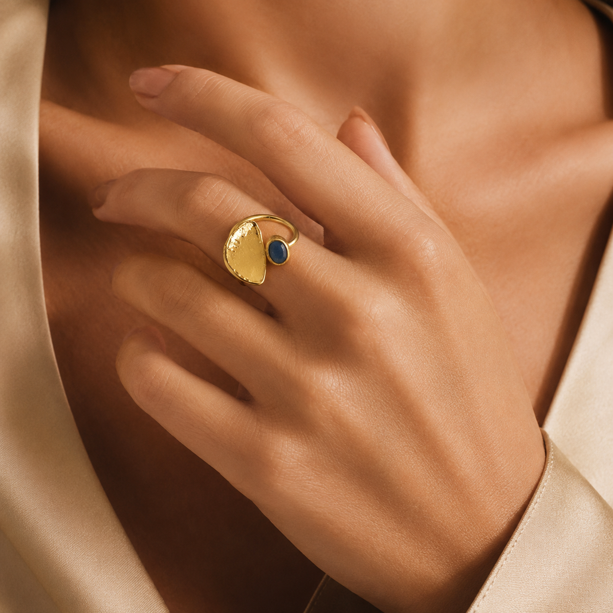 Blue Cabochon Gold Plated Adjustable Ring