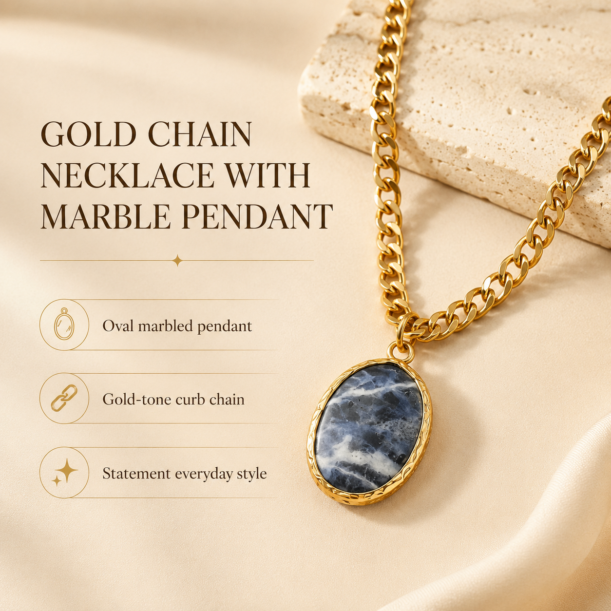Gold Chain Necklace with Marble Pendant
