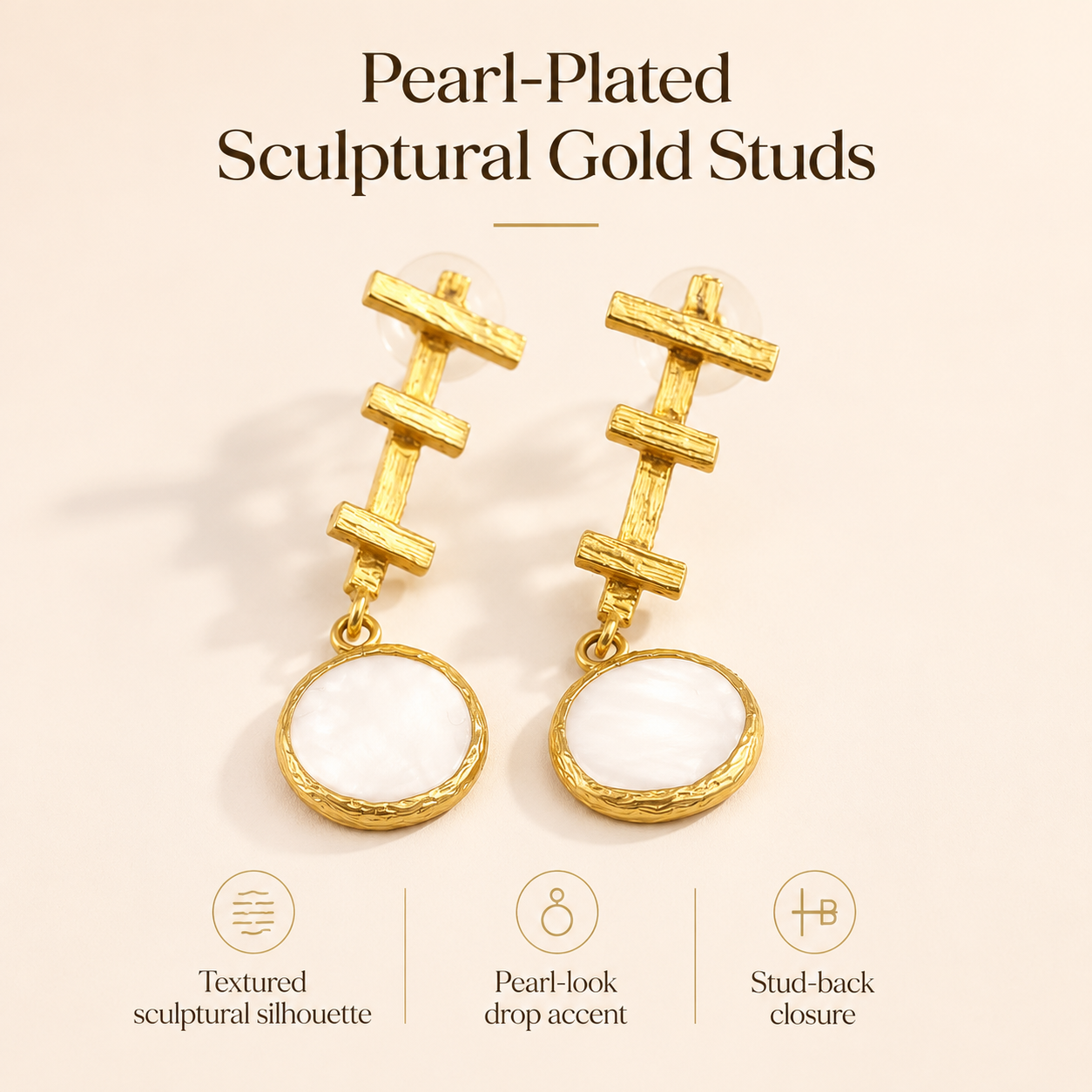 Sculptural Pearl Plated Gold Stud Earrings