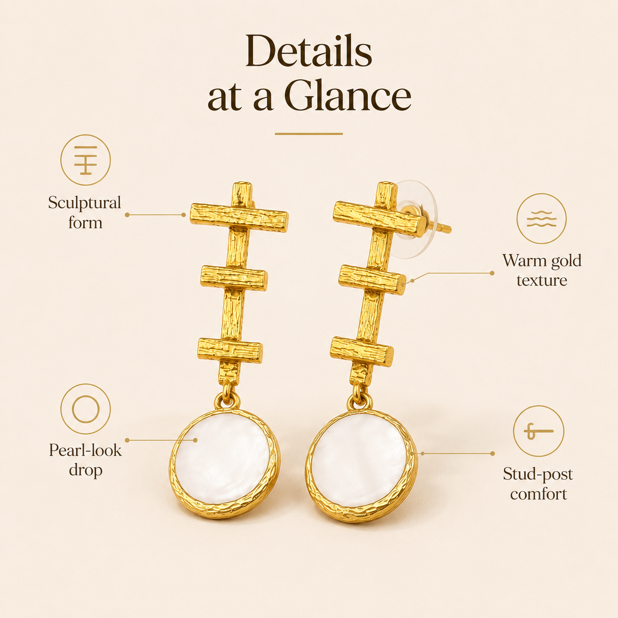 Sculptural Pearl Plated Gold Stud Earrings