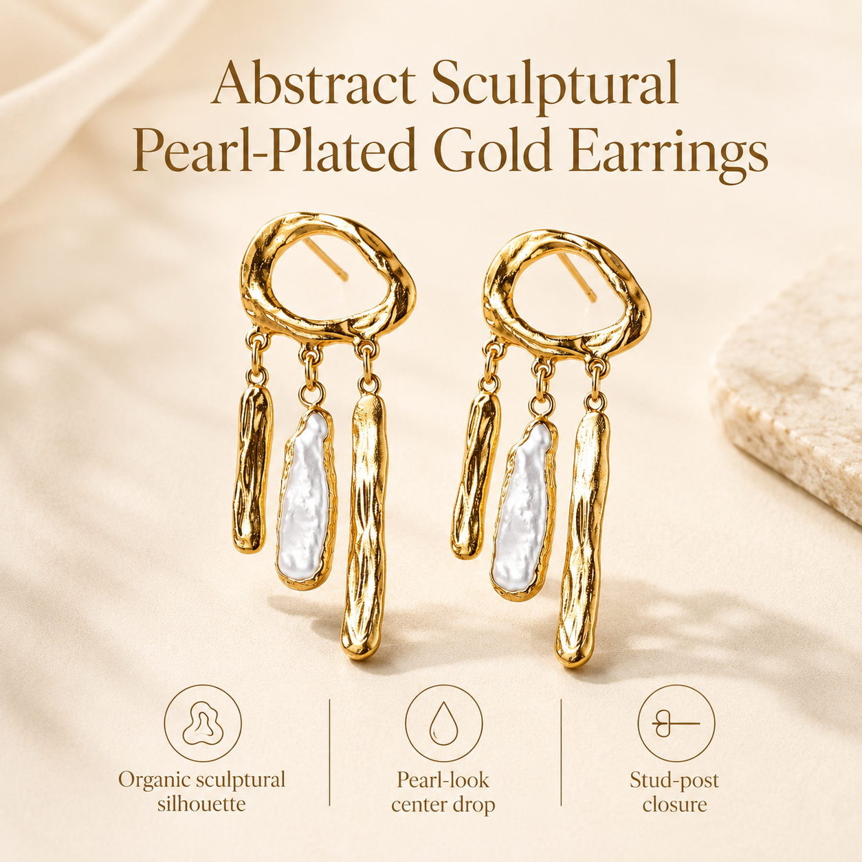 Abstract Sculptural Gold & Pearl Earrings
