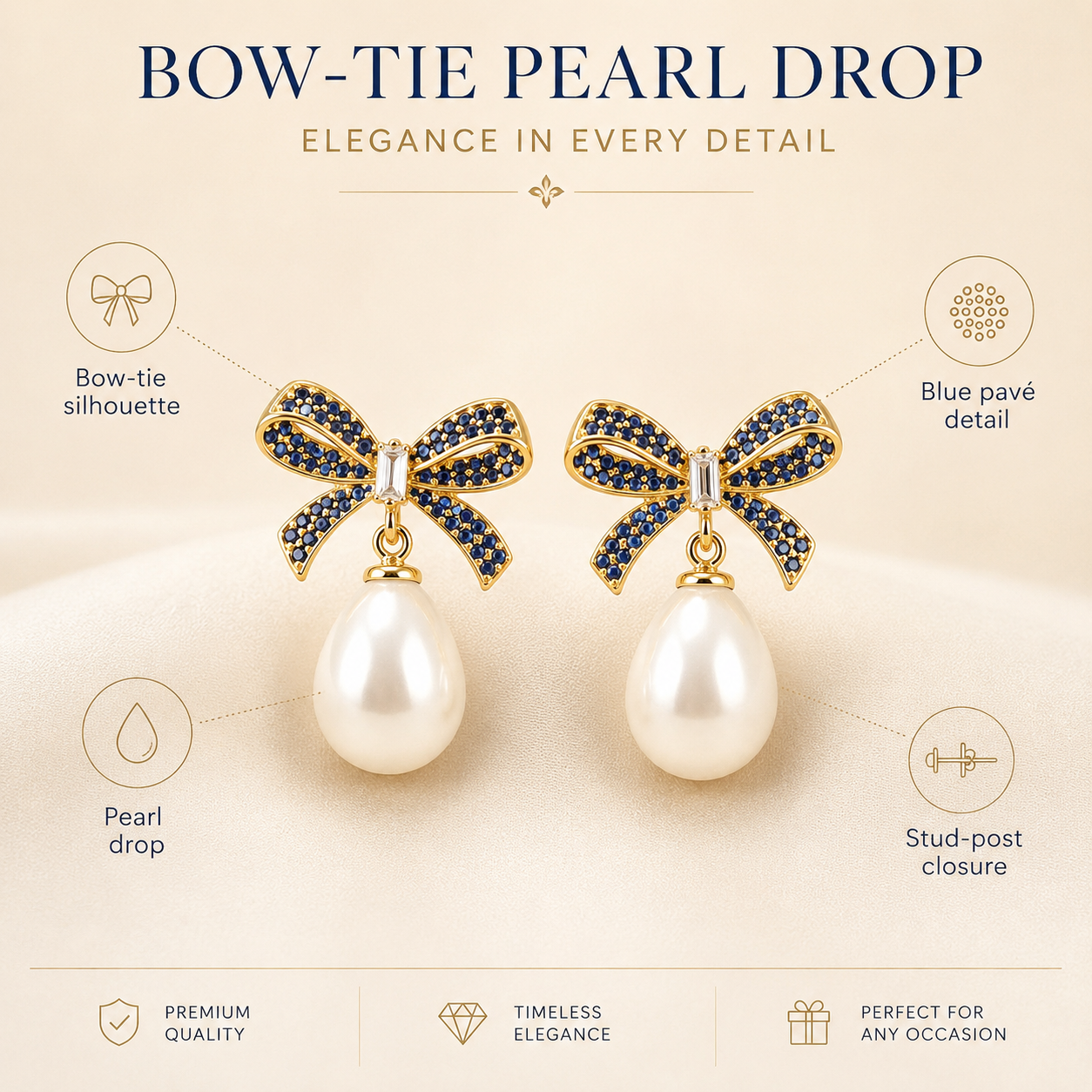 Pearl & Bow Tie Gold Earrings