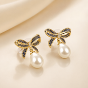Pearl & Bow Tie Gold Earrings