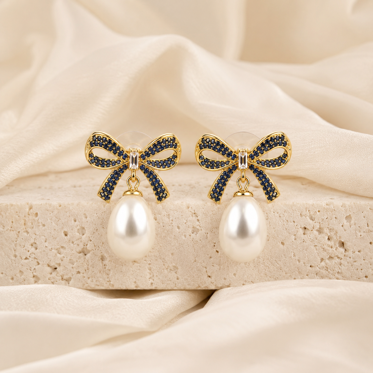 Pearl & Bow Tie Gold Earrings