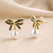 Pearl & Bow Tie Gold Earrings