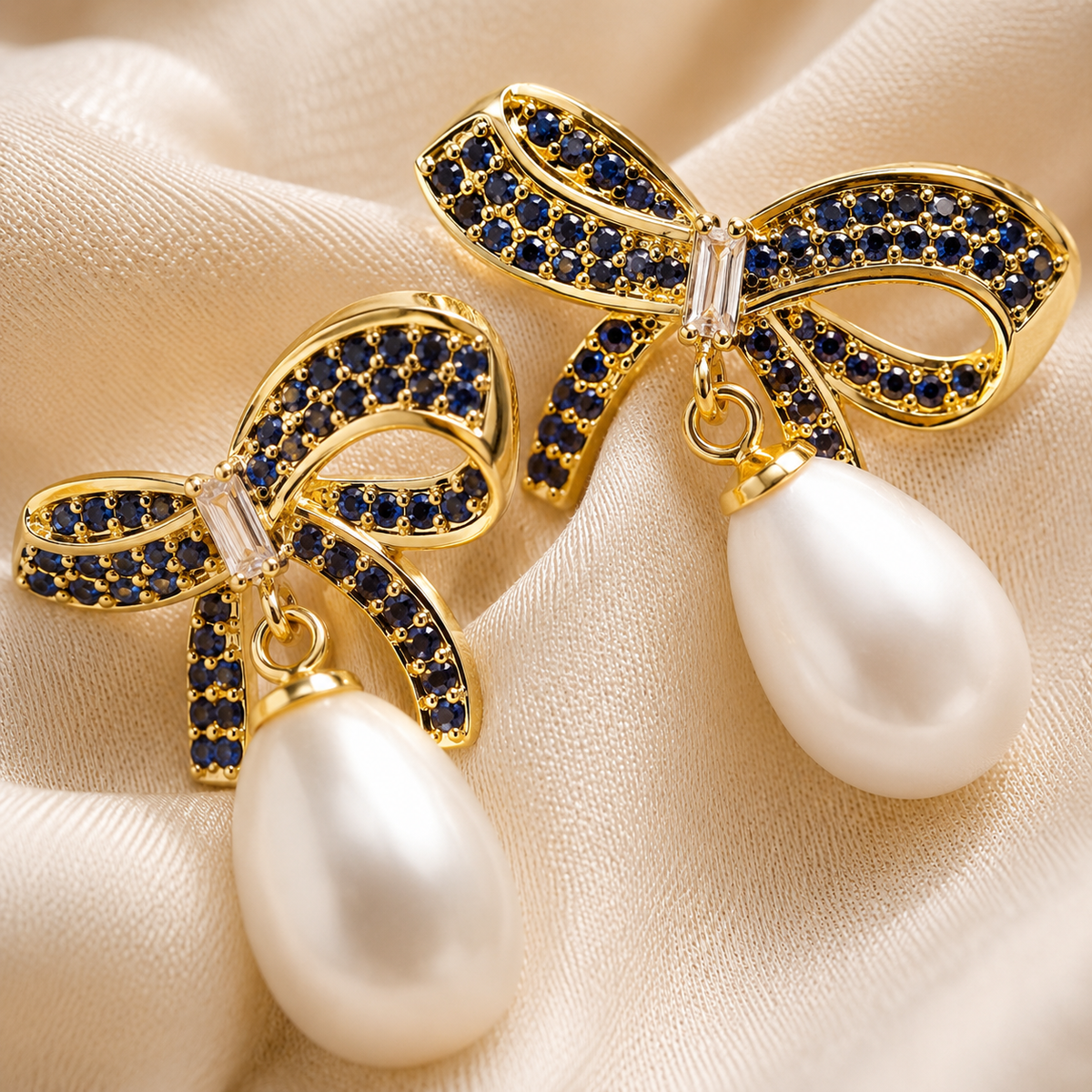 Pearl & Bow Tie Gold Earrings