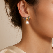 Pearl & Bow Tie Gold Earrings