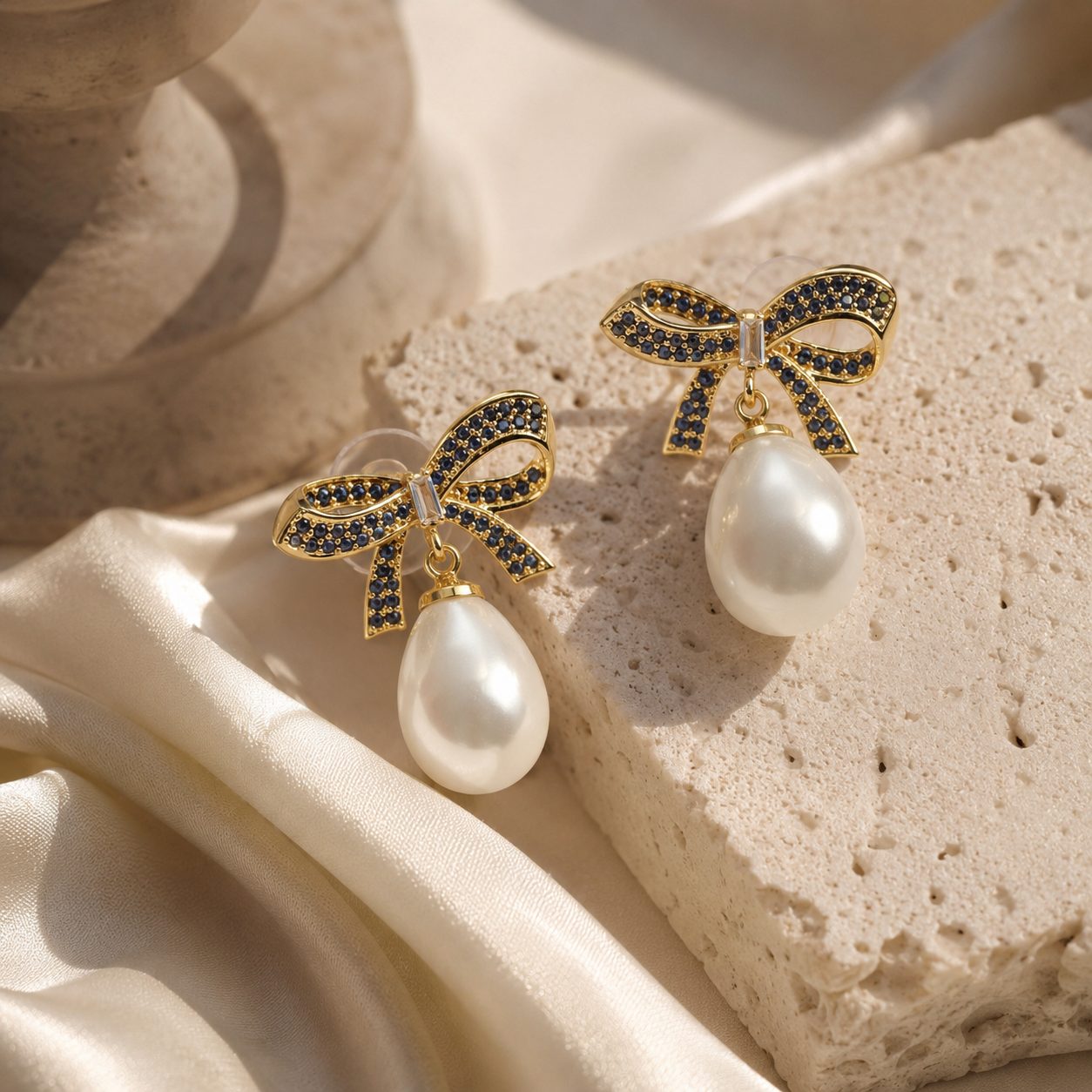 Pearl & Bow Tie Gold Earrings