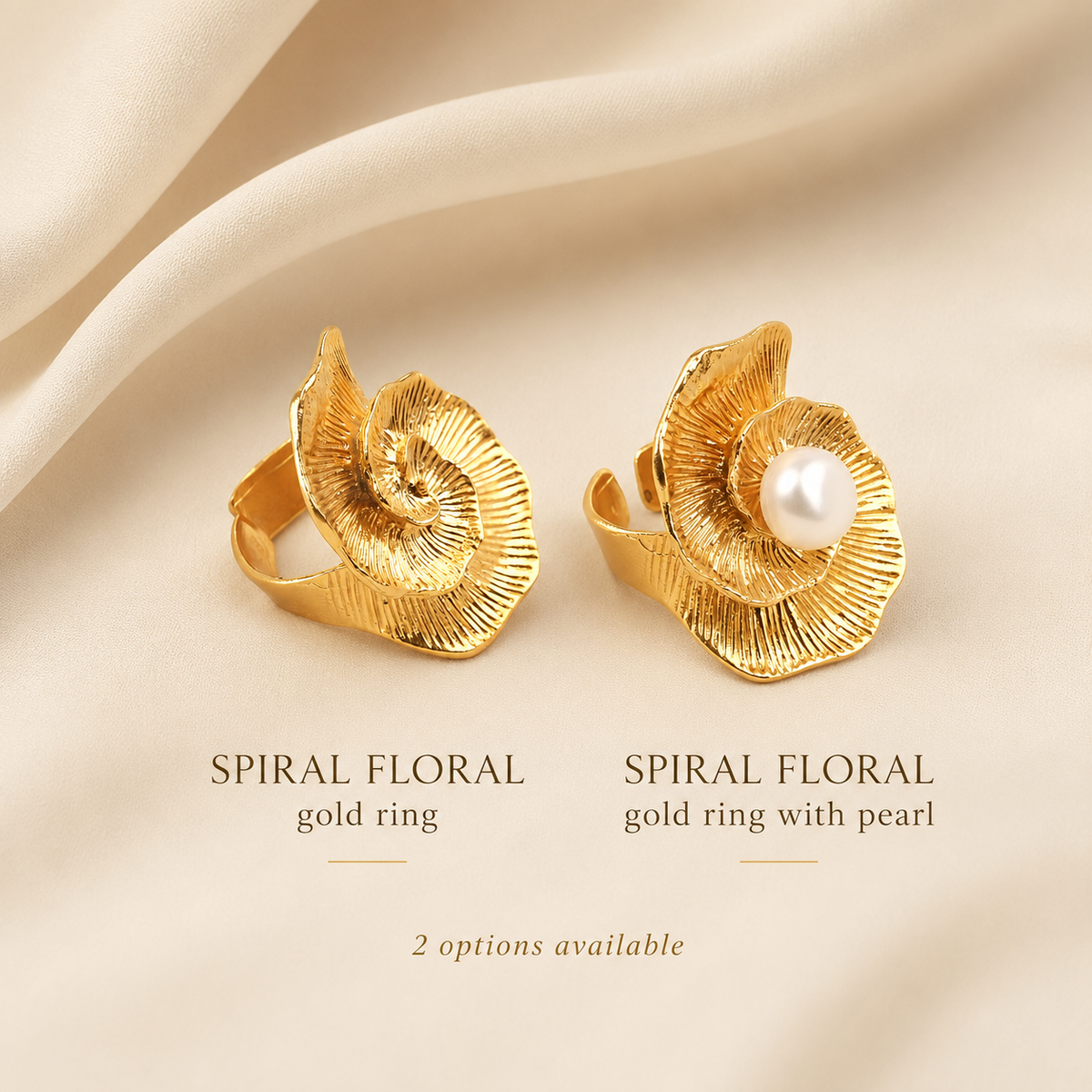 Adjustable Spiral Floral Gold Ring with Pearl