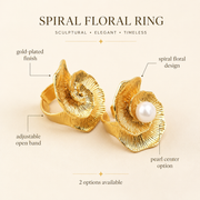 Adjustable Spiral Floral Gold Ring with Pearl