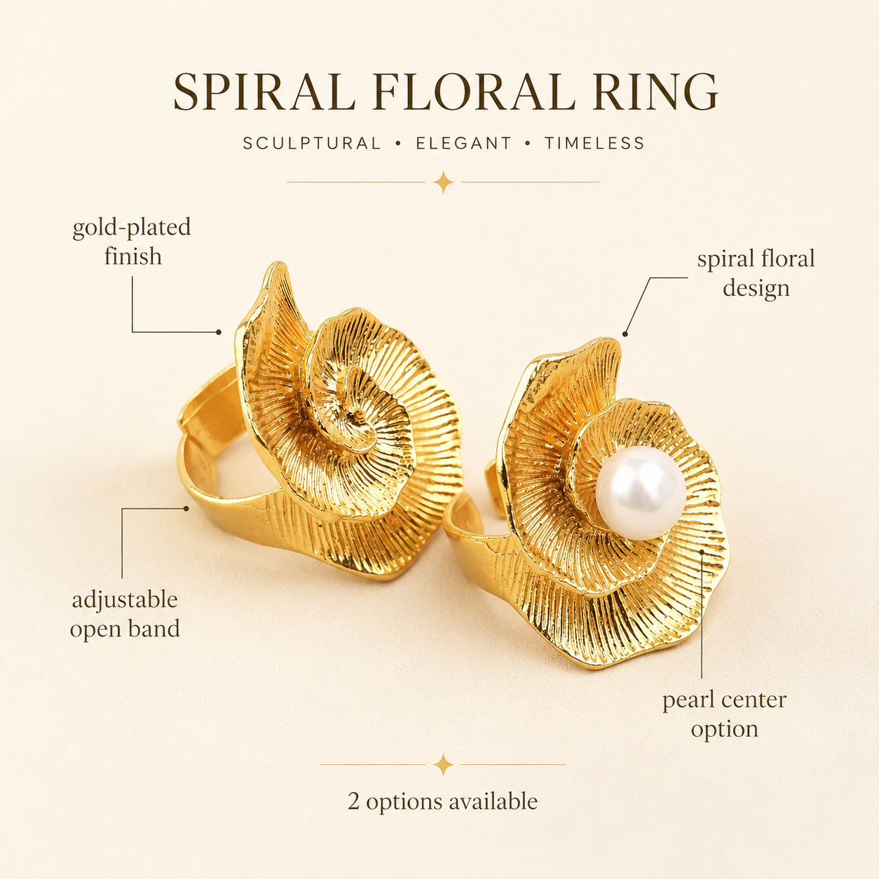 Adjustable Spiral Floral Gold Ring with Pearl