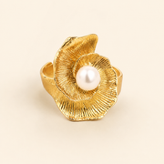Adjustable Spiral Floral Gold Ring with Pearl