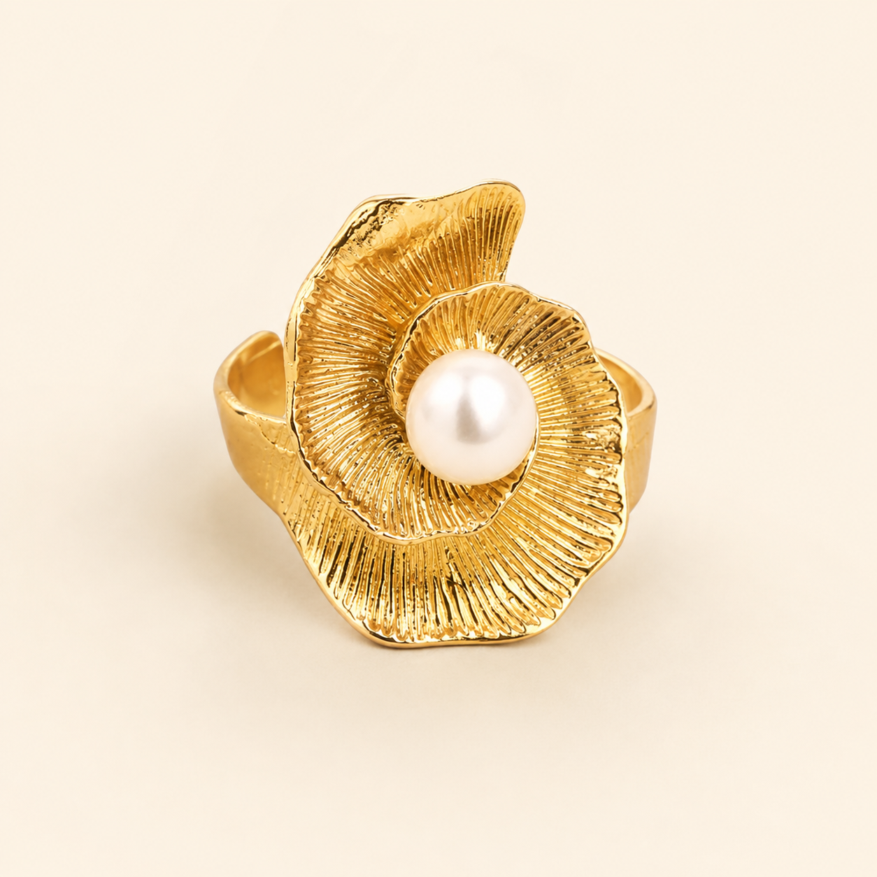 Adjustable Spiral Floral Gold Ring with Pearl