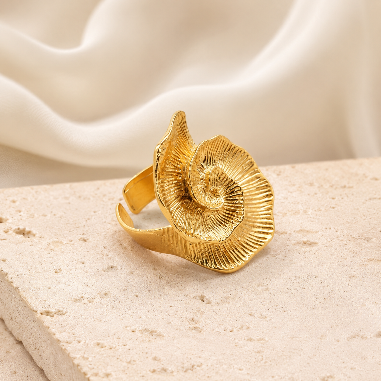 Adjustable Spiral Floral Gold Ring with Pearl