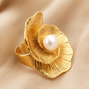 Adjustable Spiral Floral Gold Ring with Pearl