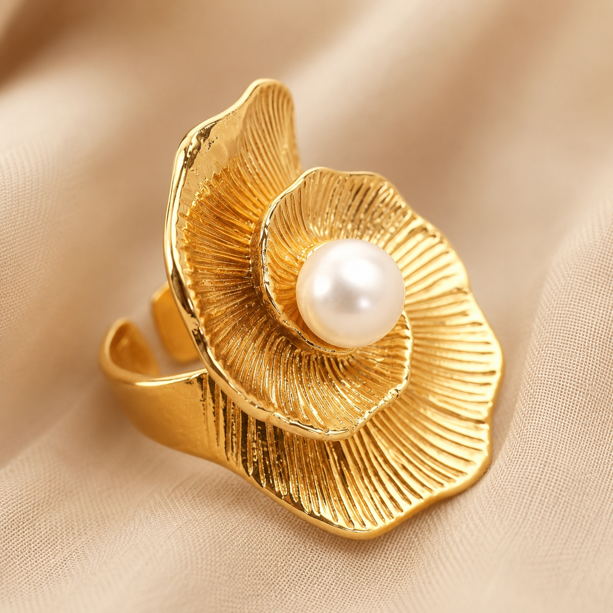 Adjustable Spiral Floral Gold Ring with Pearl