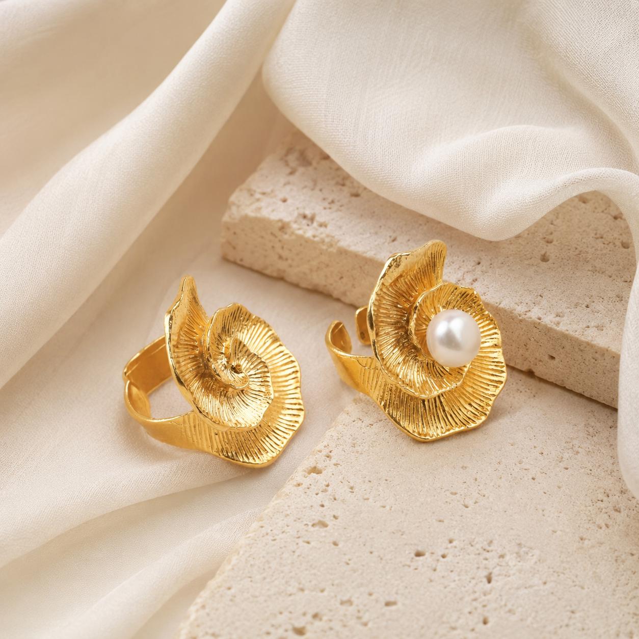 Adjustable Spiral Floral Gold Ring with Pearl
