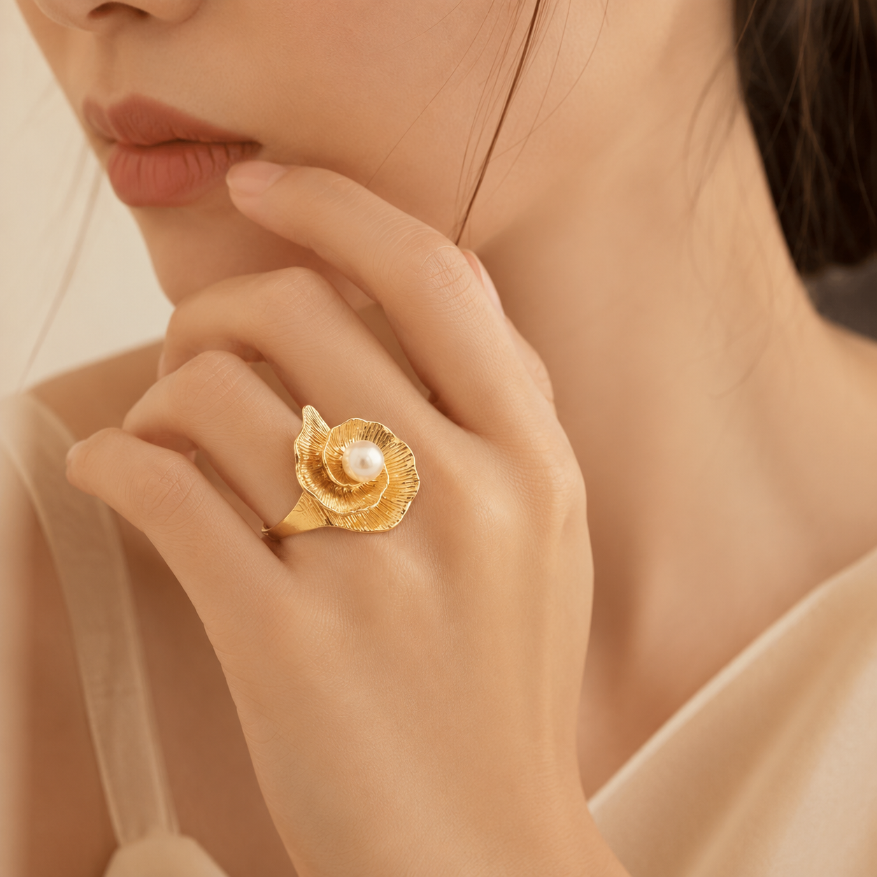 Adjustable Spiral Floral Gold Ring with Pearl