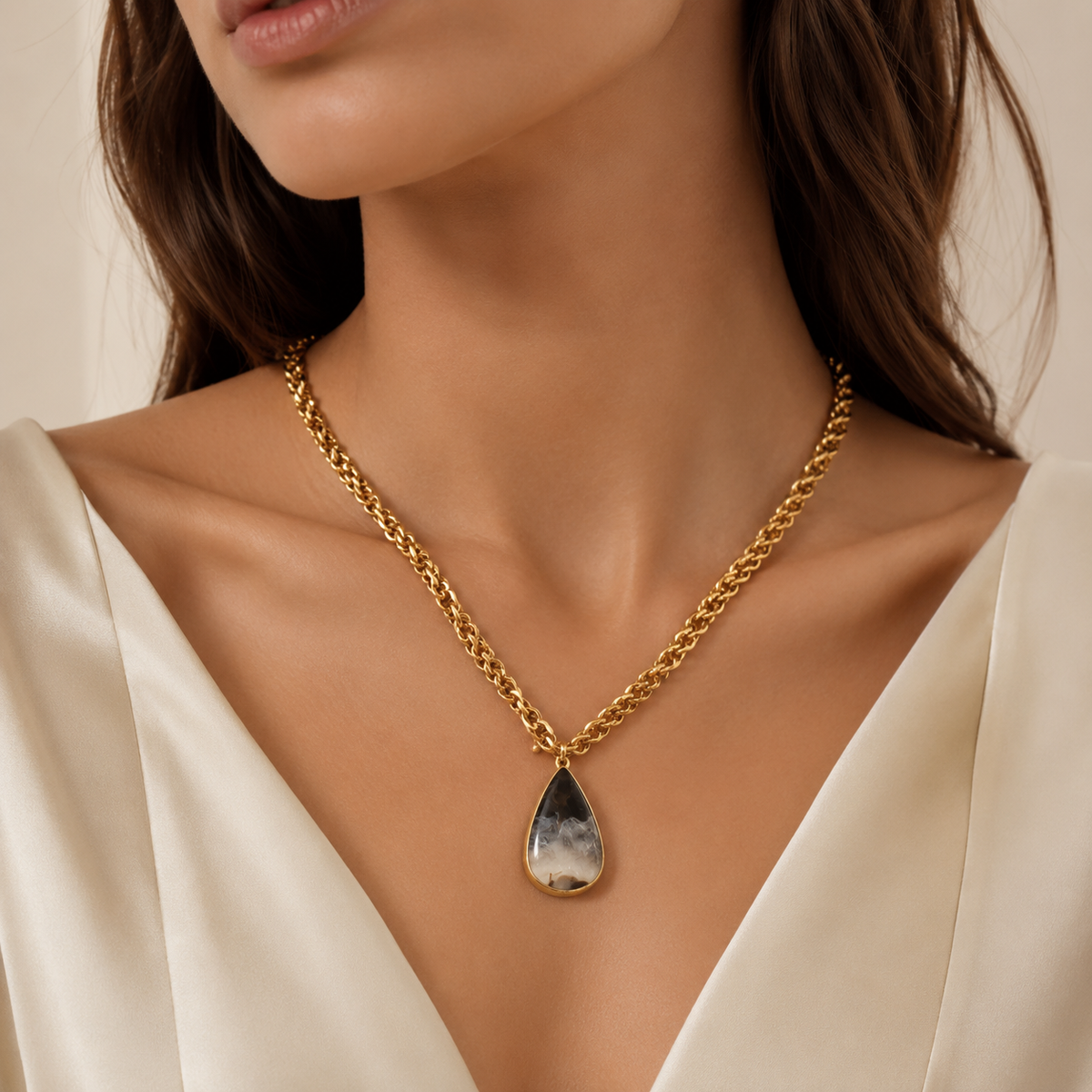 Ivory Marble Pendant Necklace in Gold