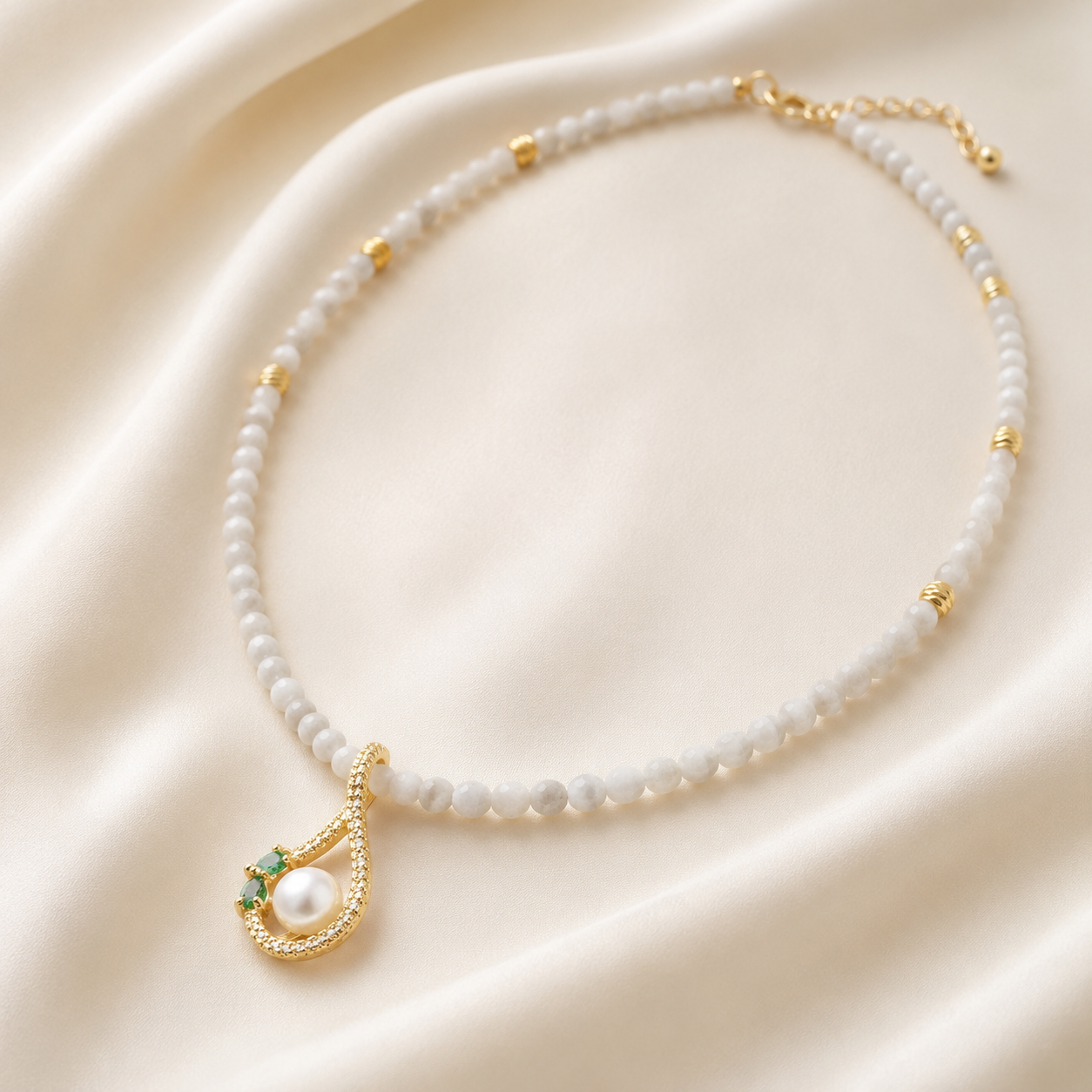 Prehnite Choker with Pearl & Emerald Pendant