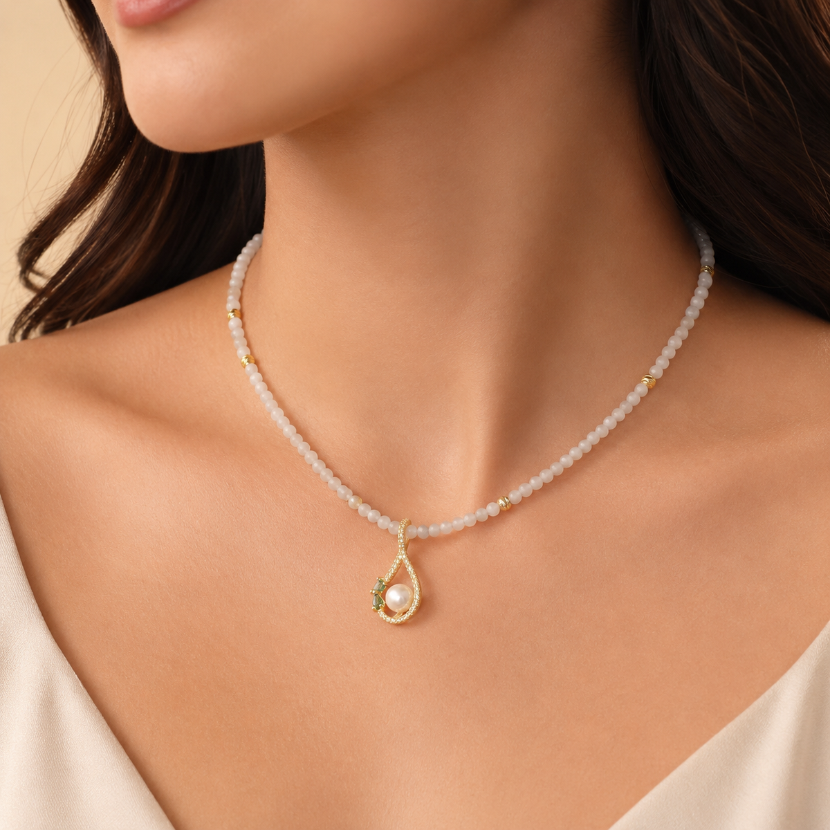 Prehnite Choker with Pearl & Emerald Pendant