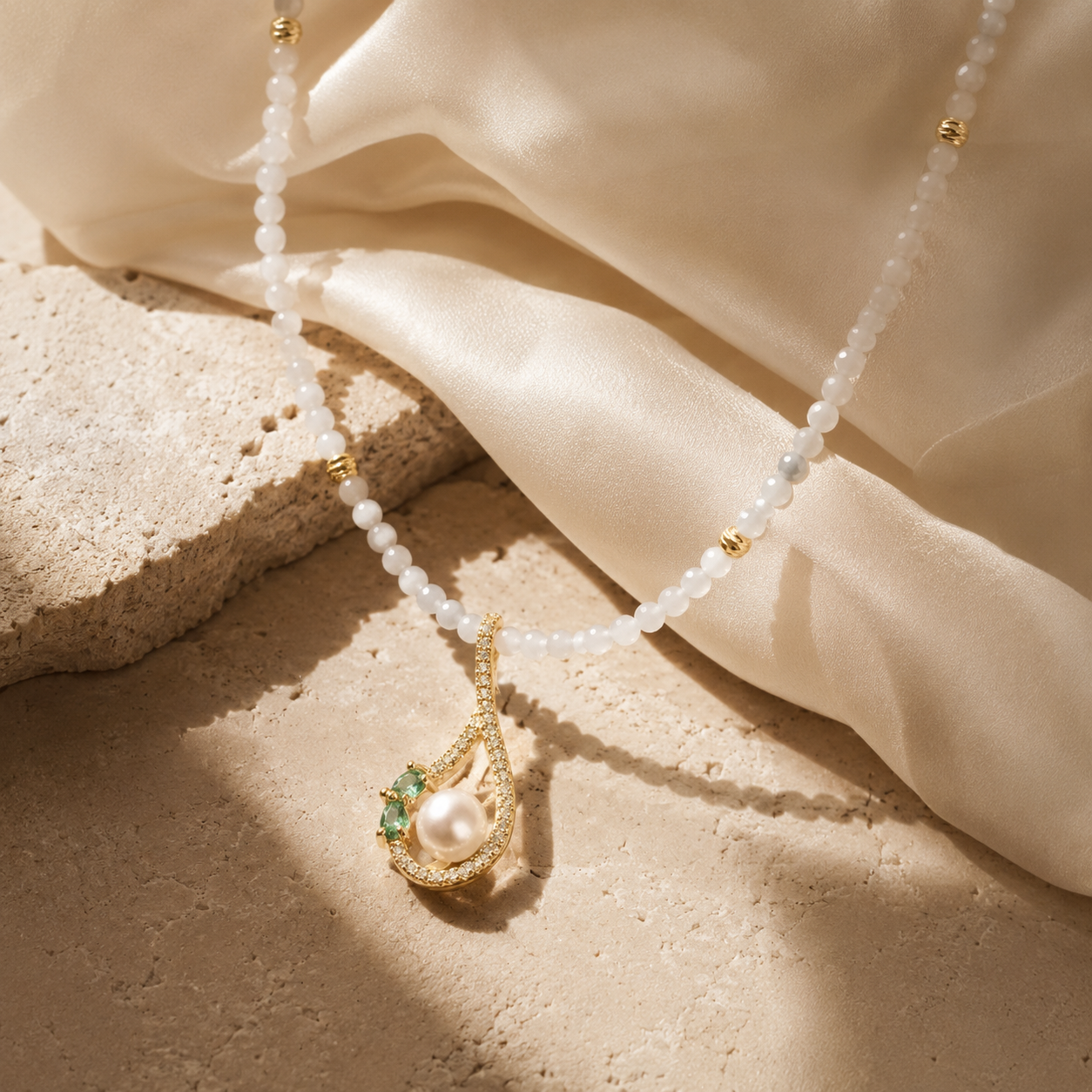 Prehnite Choker with Pearl & Emerald Pendant