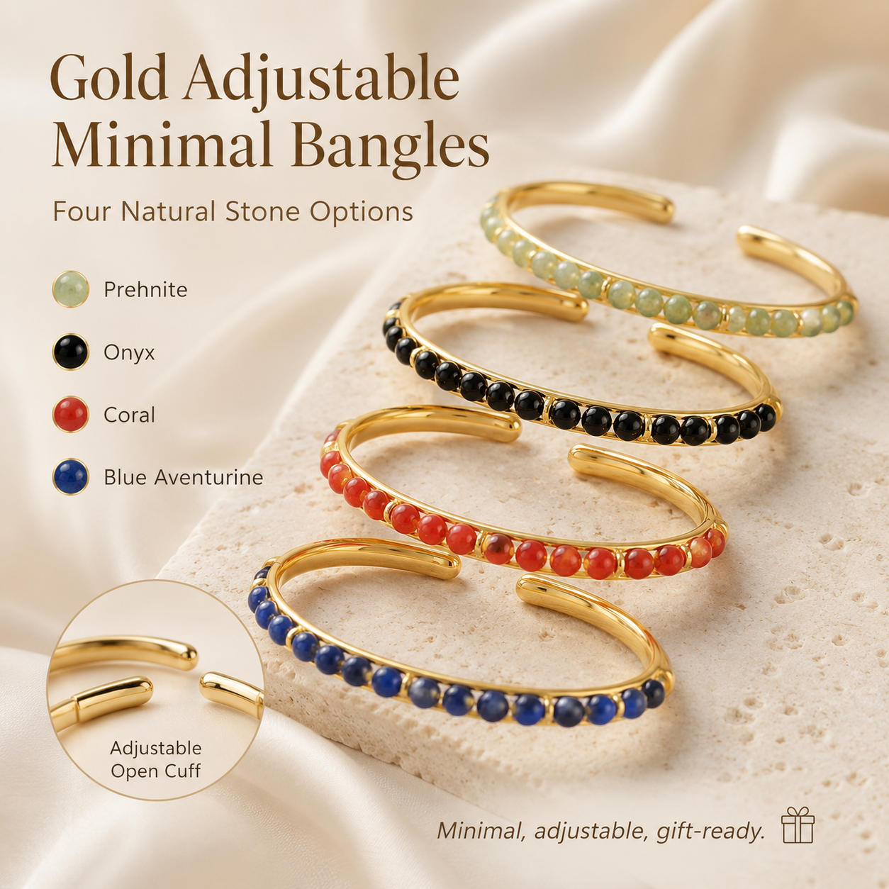 Minimal Adjustable Gold Bangles in Gemstones