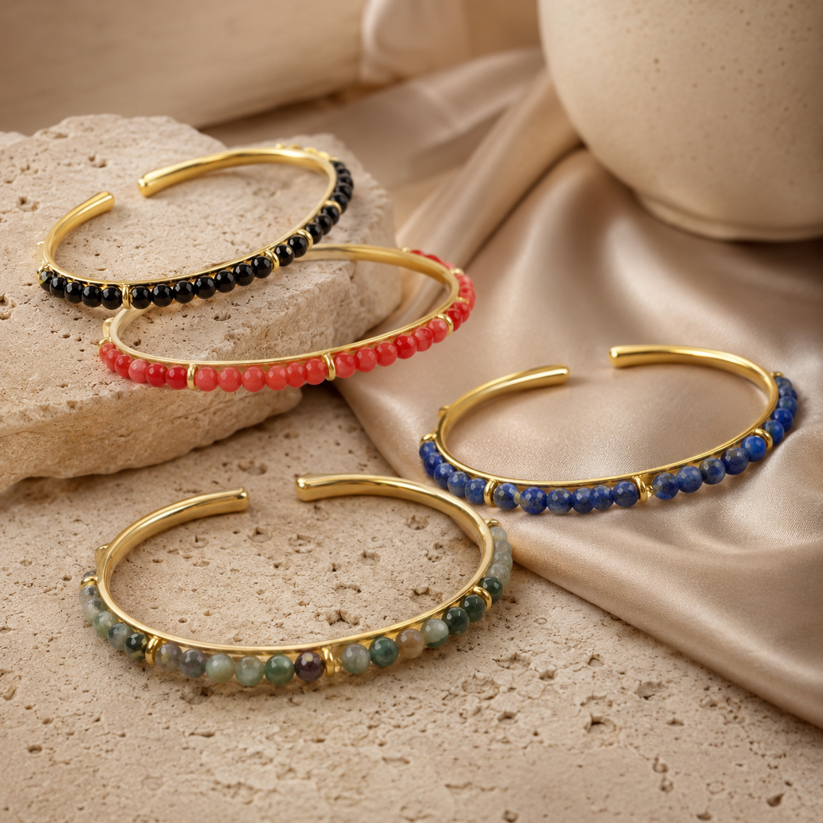 Minimal Adjustable Gold Bangles in Gemstones