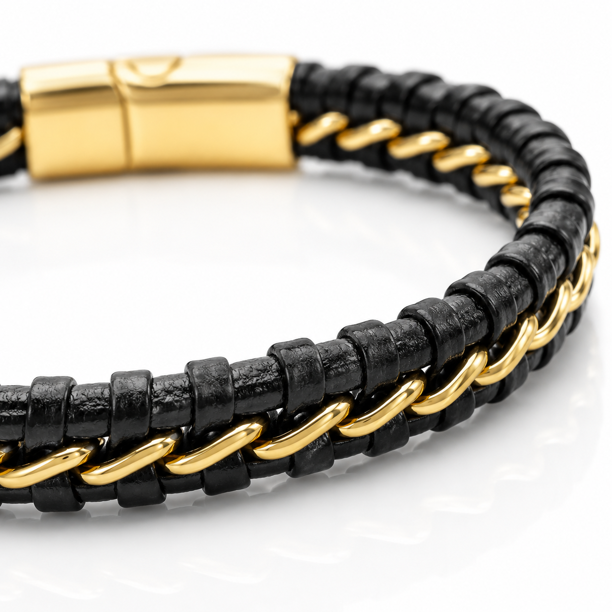 Black Leather Bracelet – Gold Stitching