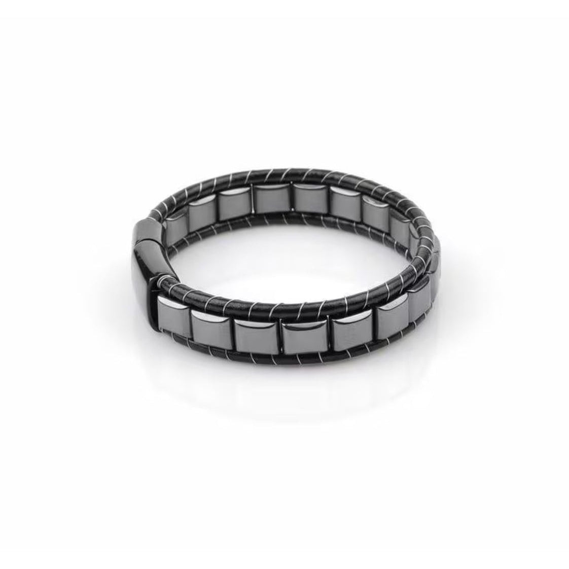 Bracelet en hématite noire pure et cuir véritable