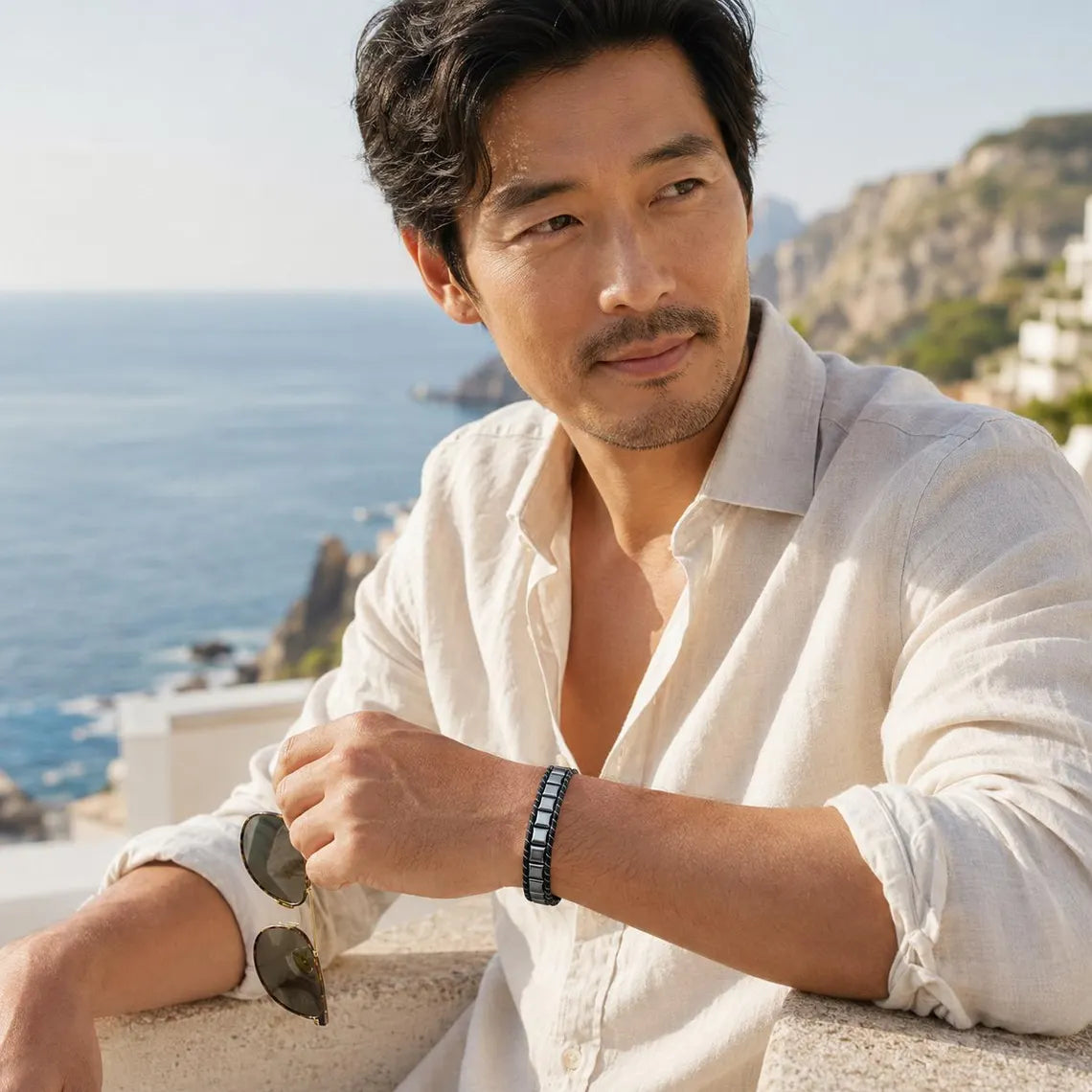 Bracelet en hématite noire pure et cuir véritable