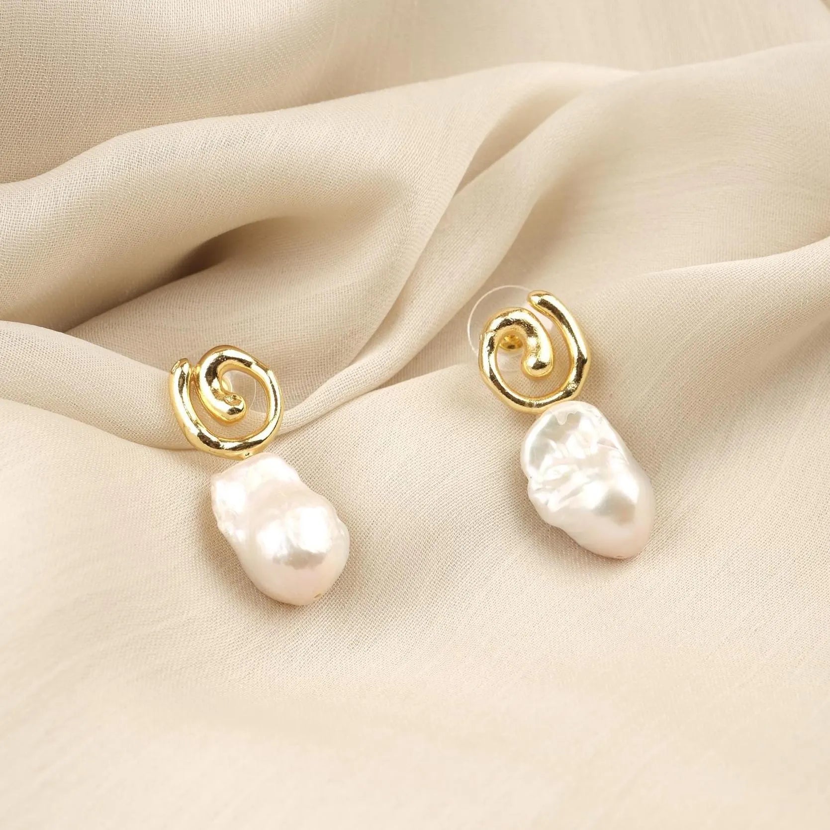 Spiral Gold & Baroque Pearl Stud Earrings