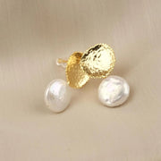 Hammered Gold Freshwater Pearl Stud Earrings