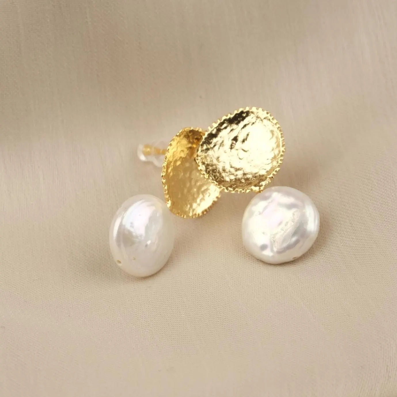 Hammered Gold Freshwater Pearl Stud Earrings