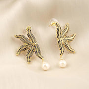 Black Pavé Gold Starfish Pearl Drop Earrings
