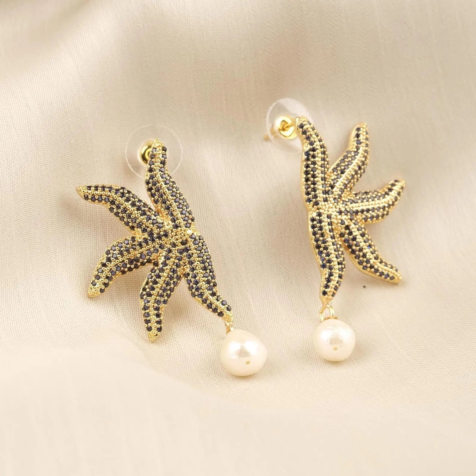 Black Pavé Gold Starfish Pearl Drop Earrings