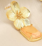 Gold Floral Peach Stone Drop Earrings