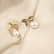 Pearl & Bow Tie Gold Earrings