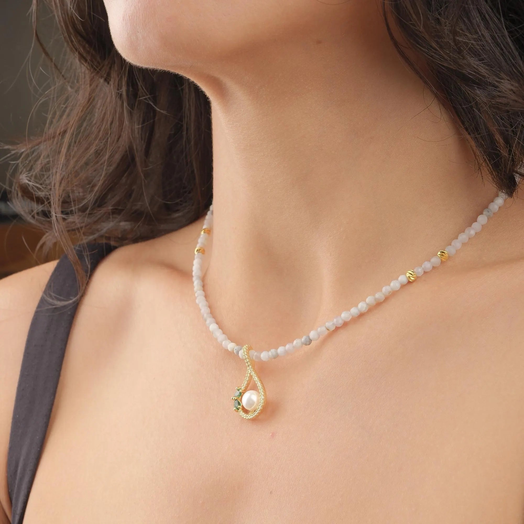 Prehnite Choker with Pearl & Emerald Pendant