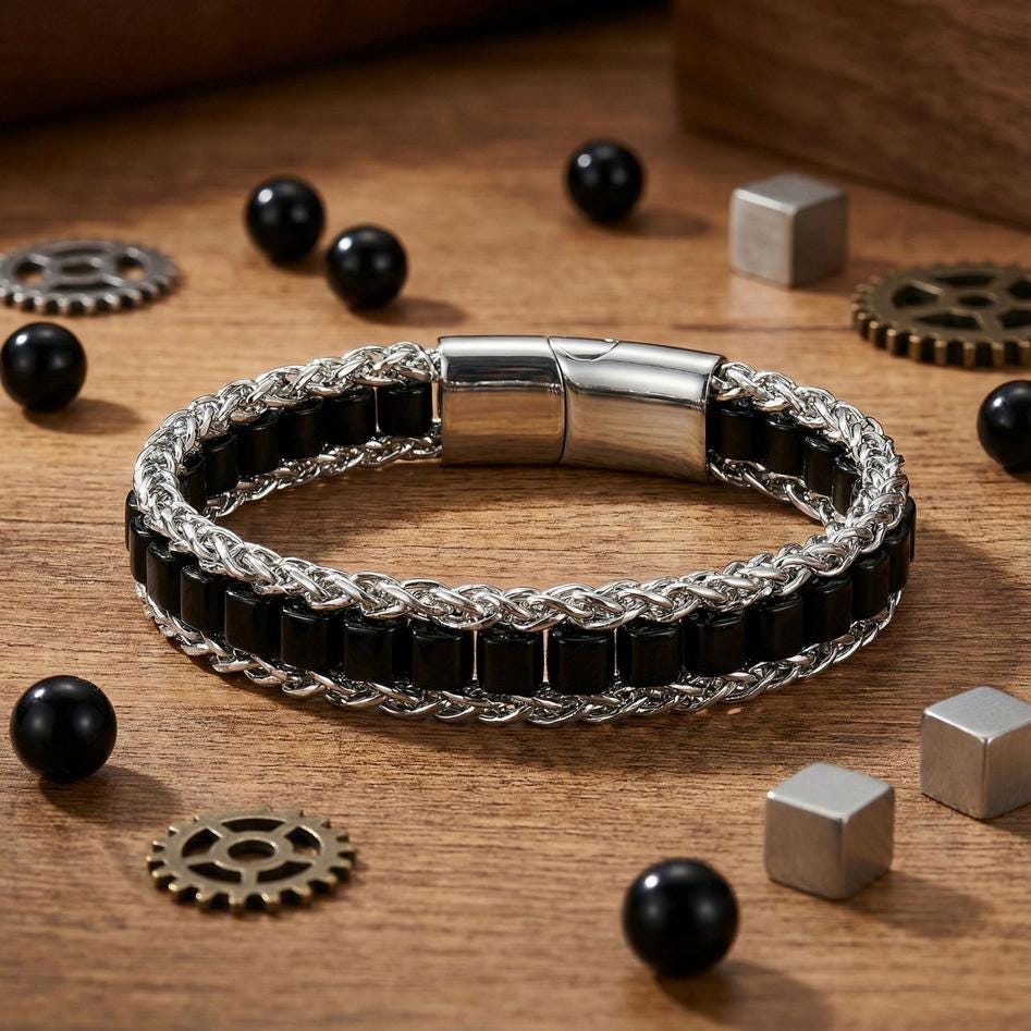 Black Onyx & Silver Chain Bracelet — image 1