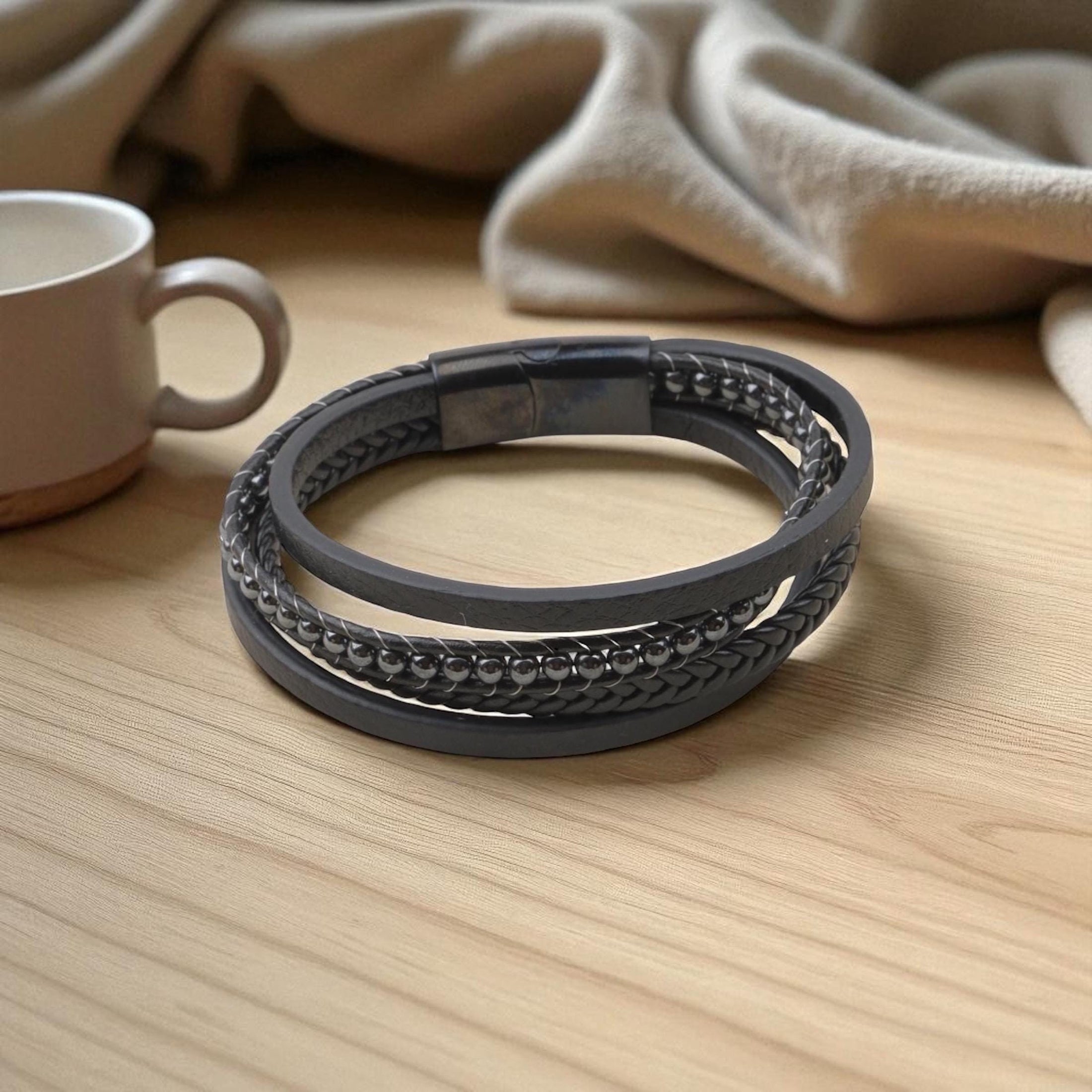 Hematite Beaded Leather Bracelet — image 8