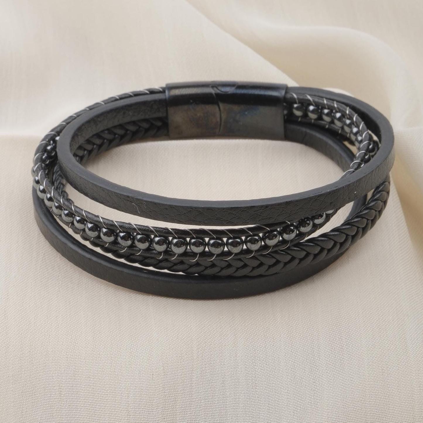 Hematite Beaded Leather Bracelet — image 7