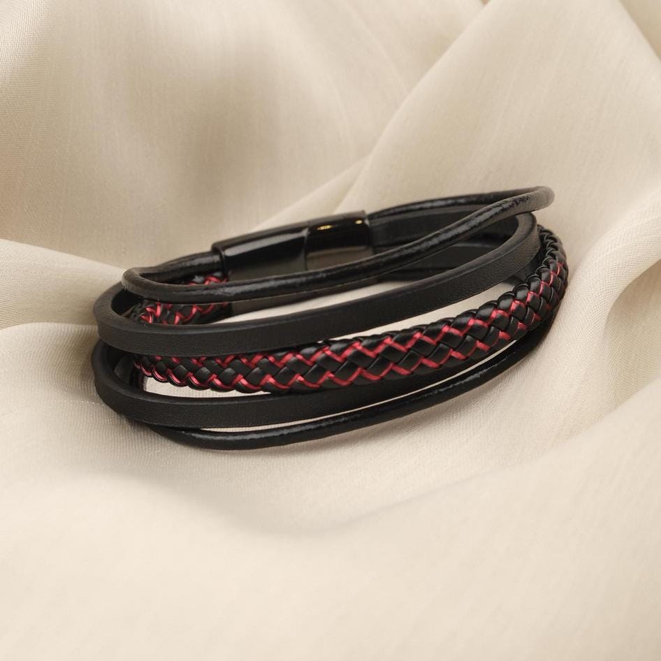 Black Multi-Layer Leather Bracelet – Red Stitching — image 3